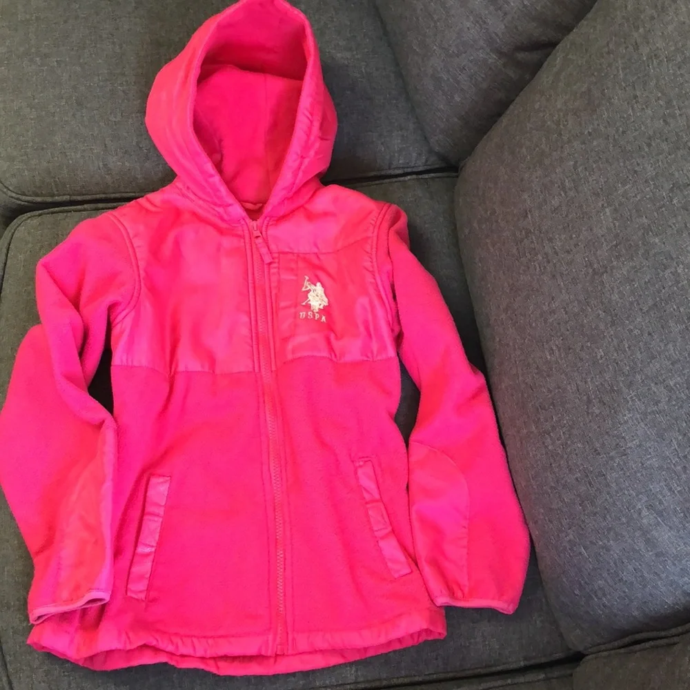 U.S. Polo Assoc. Girl’s Pink Plush Zip Hooded Jacket Pockets Arm Patches M
